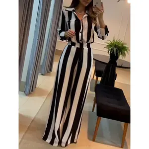 Elegant striped polyester 100% long-sleeve shirt and wide-leg pants set, square neckline, regular fit, woven fabric, button details, clothing fabric top suits