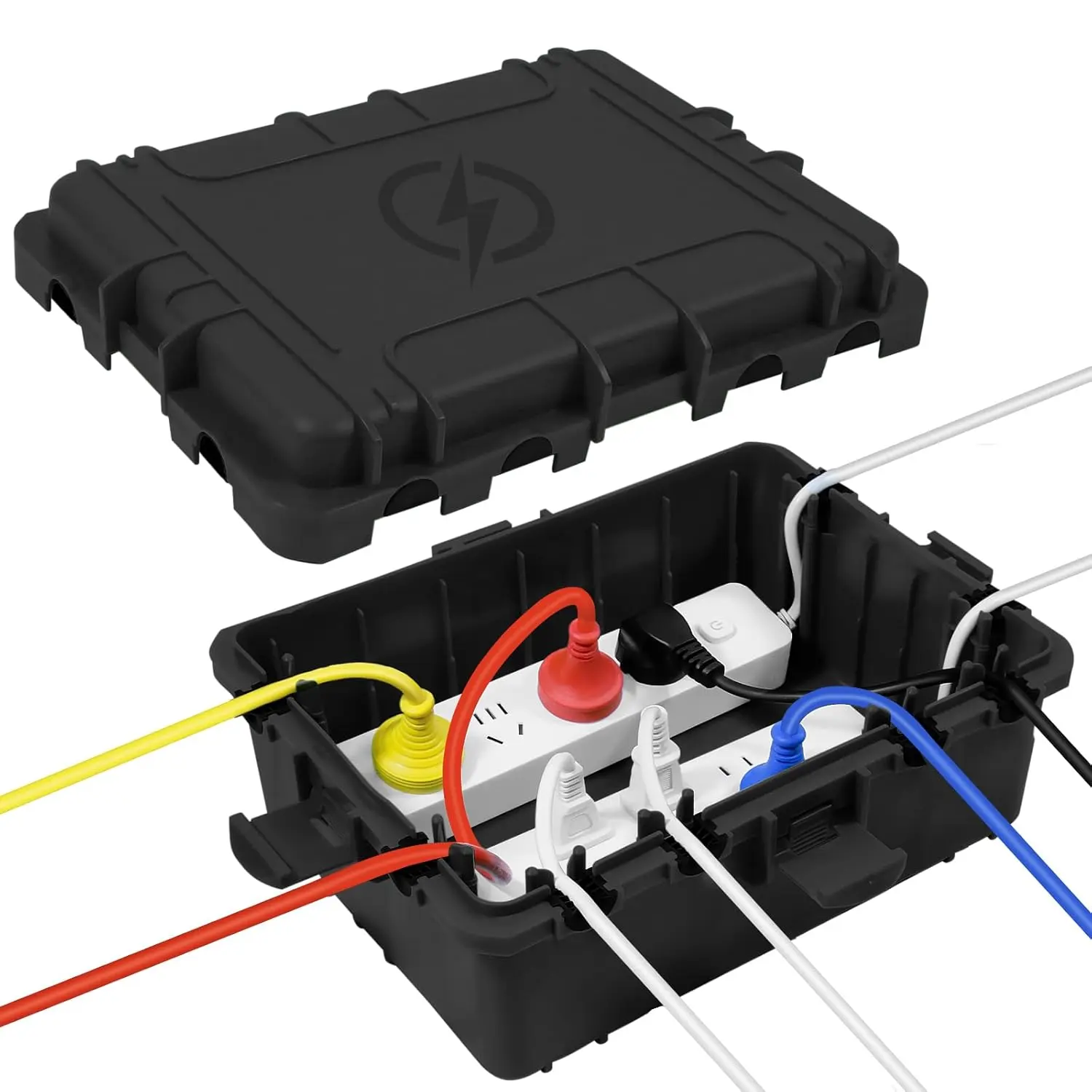 Large IP54 Black Plastic Waterproof Outdoor Electrical Box (12x9x5 in) - Water Resistant Velcro-Strap Cover, 8 Cable Ports, Extension Cord Cover, Continuously Protects Outdoor Connections for Hot Tubs, Fountains, Pool Pumps