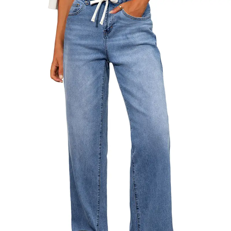 Sidefeel Women's Wide Leg Jeans High Waisted Stretchy Straight Leg Baggy Drawstring Zimbaplatinum Denim Pants Fall Outfit