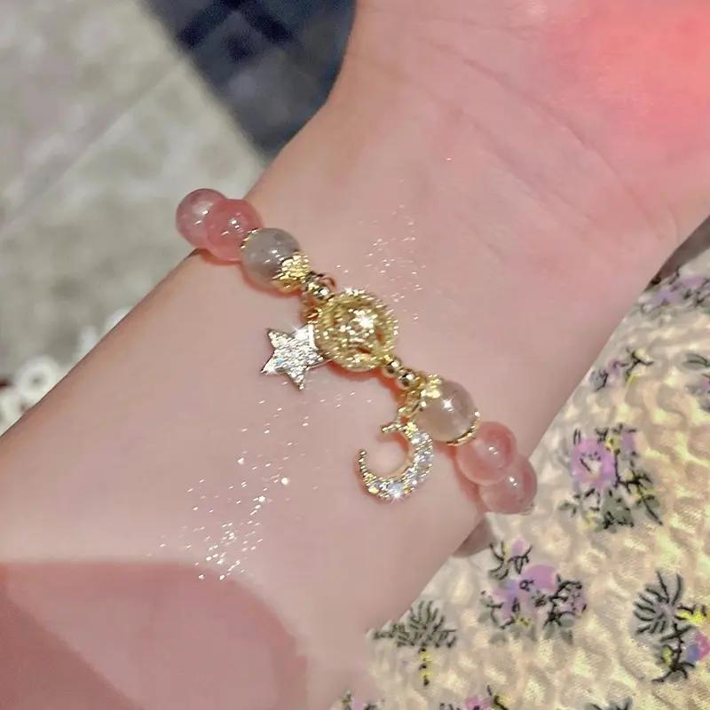 Fashion Strawberry Crystal Beaded Bracelet Friendship Bracelet for Girls Star Moon Pendant Jewelry