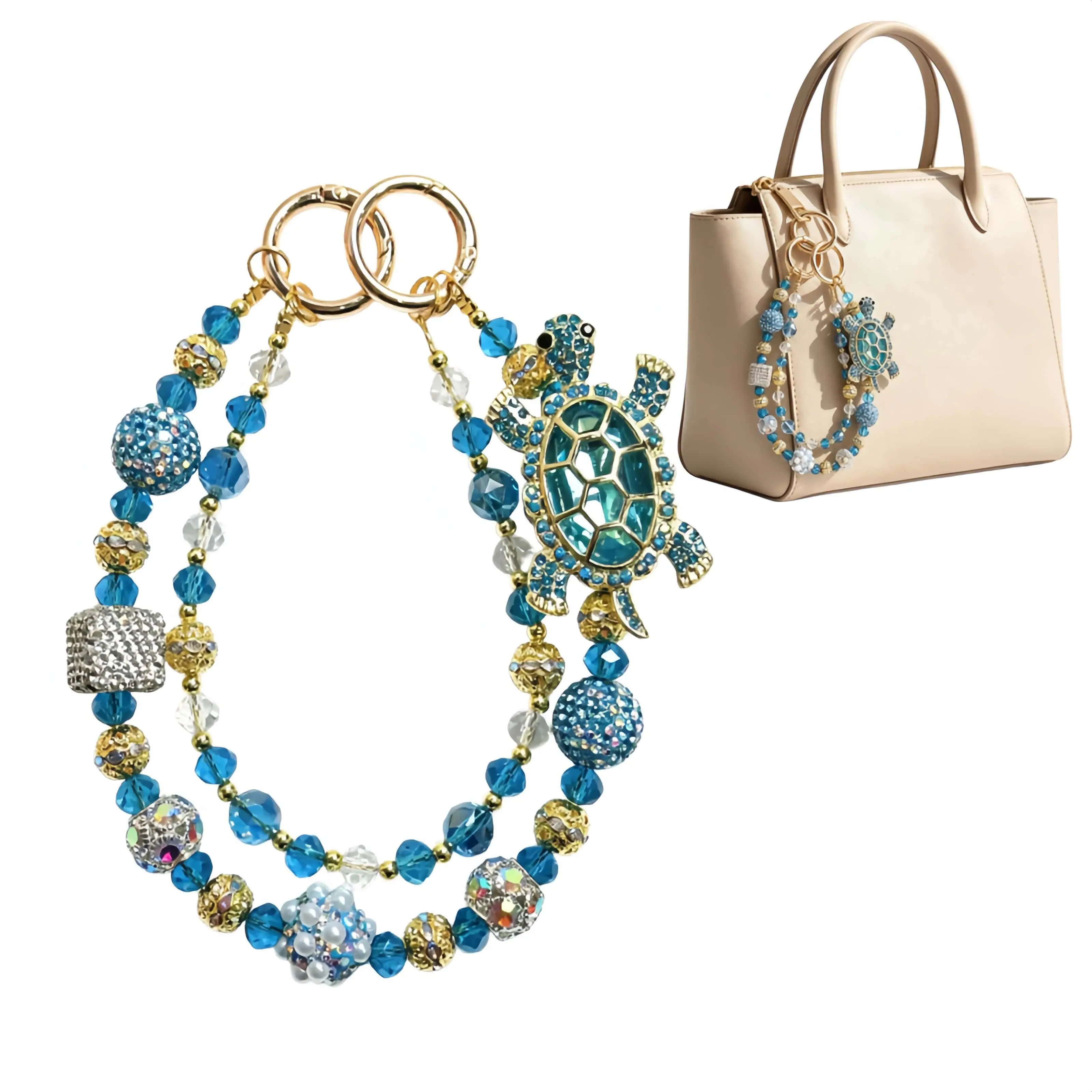 Cute Blue Turtle Bag Charm Phone Charm for Women Anti-Theft Wrist Strap Hands-Free Beaded Chain Detachable Lanyard with Tether Tab Stylish Accessory Belt Bow Decoration-MM