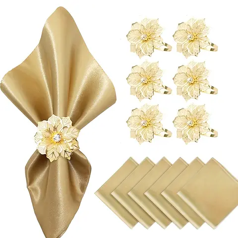 6pcs  Cloth Napkins and 6pcs Napkin Rings, Set of 12, 17x17 Square Satin Dinner Table Napkins Rings Flower Christmas Napkins Bridal Shower Wedding Cocktail for Wedding Reception Party Decorative Holiday Cocktail Napkins (Gold, white, champagne)