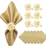 6pcs Cloth Napkins and 6pcs Napkin Rings, Set of 12, 17x17 Square Satin Dinner Table Napkins Rings Flower Christmas Napkins Bridal Shower Wedding Cocktail for Wedding Reception Party Decorative Holiday Cocktail Napkins (Gold, white, champagne)