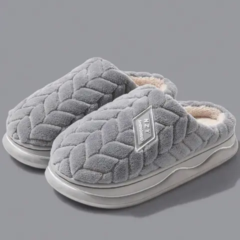 Men's Casual Solid Color Patched Design Plush Slippers, Warm Bedroom Slippers, Round Toe Soft Bottom Anti-slip Platform Home Slippers for Indoor Footwear, Warm House Slippers