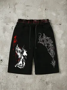 Shorts "FALLEN ANGEL" Thorn Cross & Gothic Angel Print Plaid Waist Shorts | Edgy Gothic Streetwear Aesthetic | Unisex OOTD Essential | TikTok Viral Y2K Casual Daily Wear Statement Bottoms for Men Women 2026 Spring New Drop Graphic Print Shorts