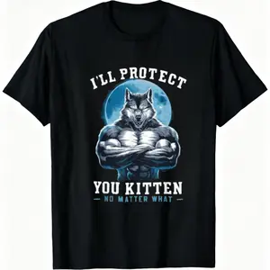 Men's Short-Sleeve Round Neck Cotton T-Shirt - Fashion Classic Wolf Prints, Muscular Wolf Graphic with Moon Background, Casual Wear