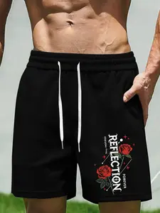 Men's Casual Loose-Fit Shorts, Rose Print, Summer Reflection Letter Sports Pants, Streetwear Five-Quarter Pants, Daily/fitness Use