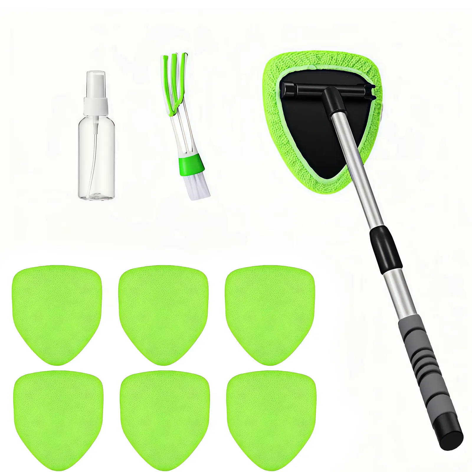 10PCS Windshield Cleaner Tool Kit - Car Interior Window Cleaning Set with Extendable Handle, 7 Microfiber Pads, 1 Spray Bottle, 1 AC Brush, Windshield Glass Cleaner Plastic & Rubber Care for Cars, Home Windows