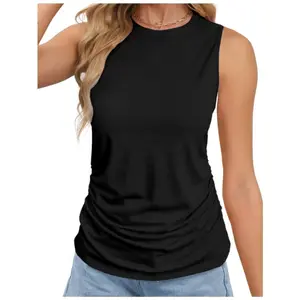 Women's Fashion Solid Color Round Neck Side fold Casual Sleeveless Vest T-Shirt top Black