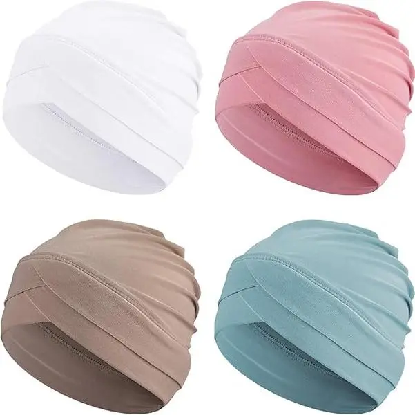 Women's 4-Pcs Soft Pleated Stretchy Hair Care Cap Turban - Chemo Headwear for Cancer Patients, 21.65x23.62 in Sleep Covering for Birthday, Wedding, Party, Running - Home Improvement
