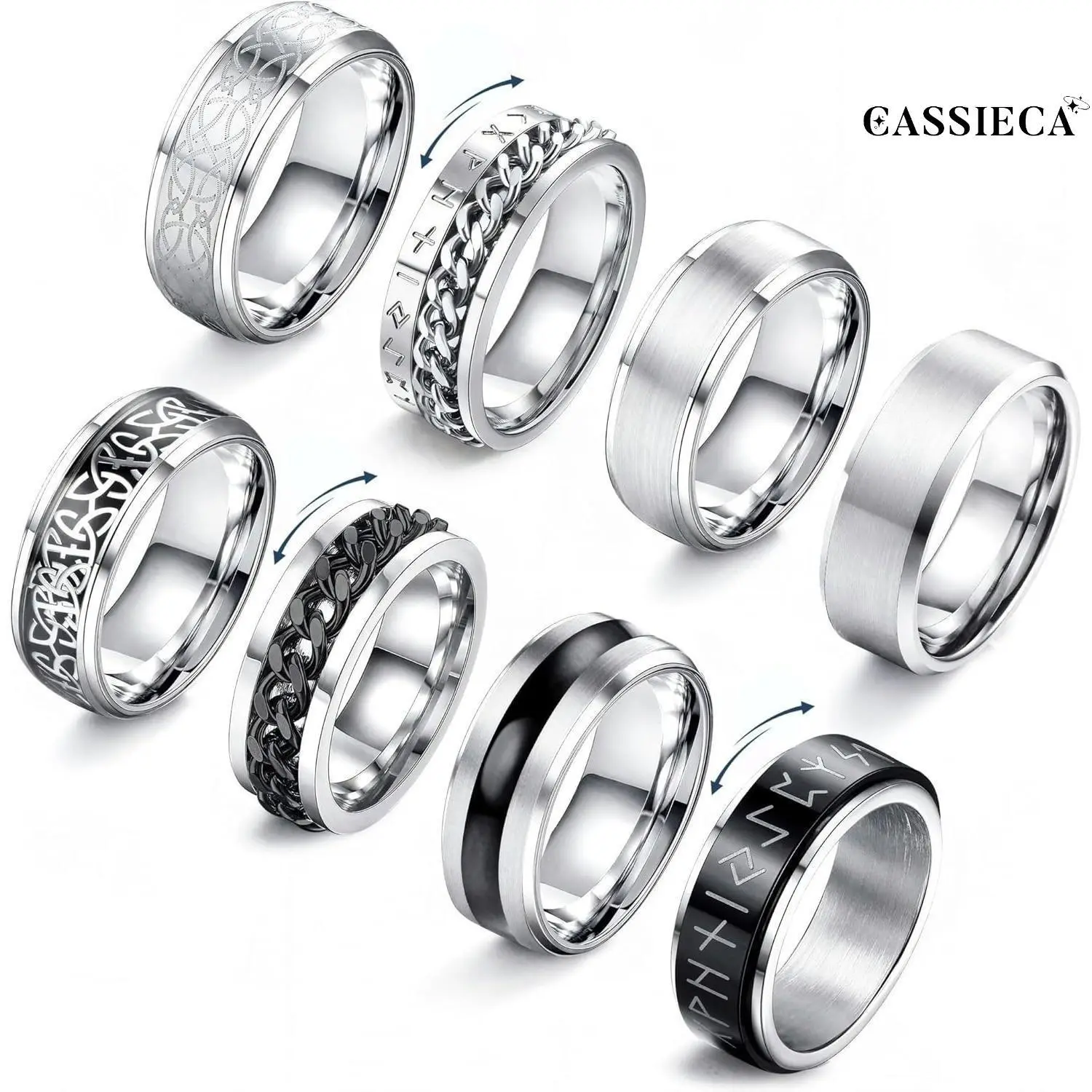 CASSIECA 8Pcs Men's Stainless Steel Combo Set Rings - High-Polished Chrome Classic Band Rings, Vintage Spinning Fidget Men's Jewelry, Mens Wedding Bands, Elegant Daily Accessories (Sizes 7-13),summeroutfits,vacationoutfits,beachoutfits