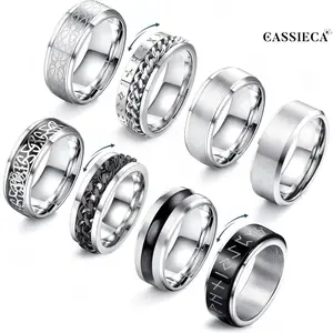 CASSIECA 8Pcs Stainless Steel Men's Rings, High-Polished Metal Coating Band, Vintage Spinning Fidget Rings for Wedding & Engagement, Elegant Daily Men's Accessories, Sizes 7-13 SummerVibes
