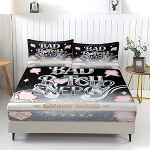 Bed sheet with 'BAD BITCH ENERGY' printed pattern, Bed sheets set, 1 bed sheet and 2 pillowcases, anti slip dust cover suitable for bedrooms and guest rooms, suitable for children or adults as gifts