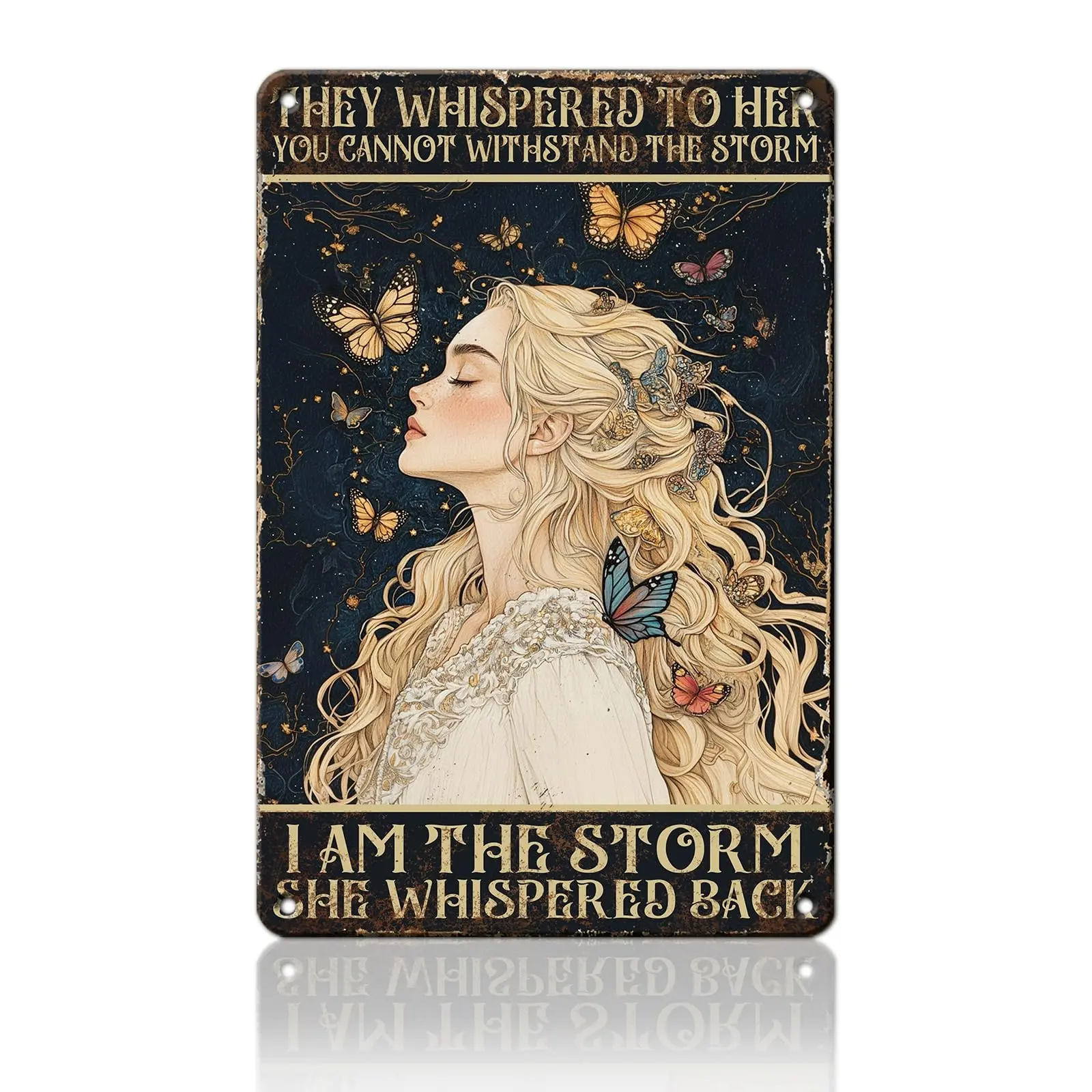 Vintage "I Am The Storm" Inspirational Woman Metal Tin Sign, Retro Butterfly Feminine Quote Wall Plaque, Bedroom Office Home Decor Gift