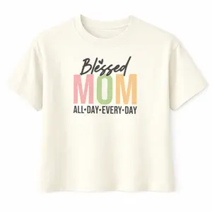 Boxy crop top Comfort Colors tee with “Blessed Mom” graphic. Soft, breathable cotton and relaxed fit for everyday comfort. Perfect Mother’s Day gift for moms who love casual style