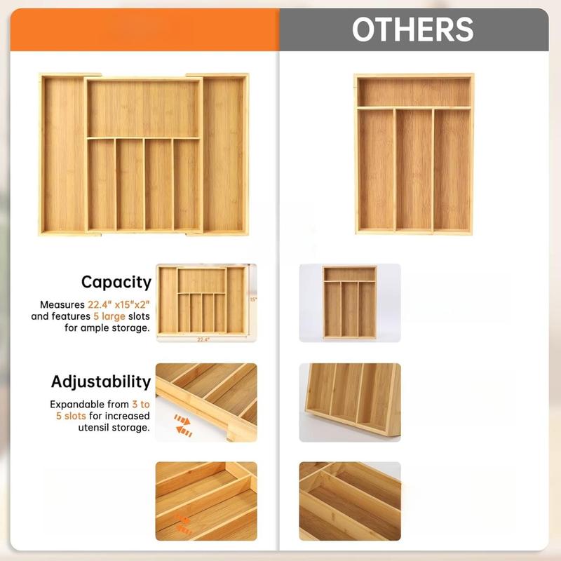 [New Deal] Expandable Bamboo Drawer Organizer 7 Compartments Adjustable for Utensils Silverware Kitchen Living Room Bedroom Eco-Friendly Premium Gift Boxes