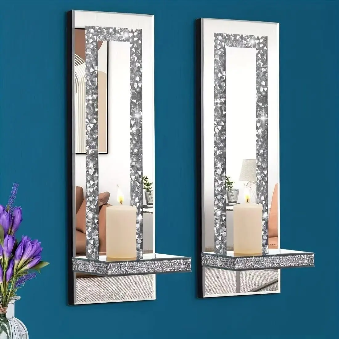 2pcs Wall-Mounted Candle Holders, Silver Color Mirror Finish, Decorative Bathroom Vanity Accessories, Home Decoration Essentials, Candlestick Holders, Candle Holder Set