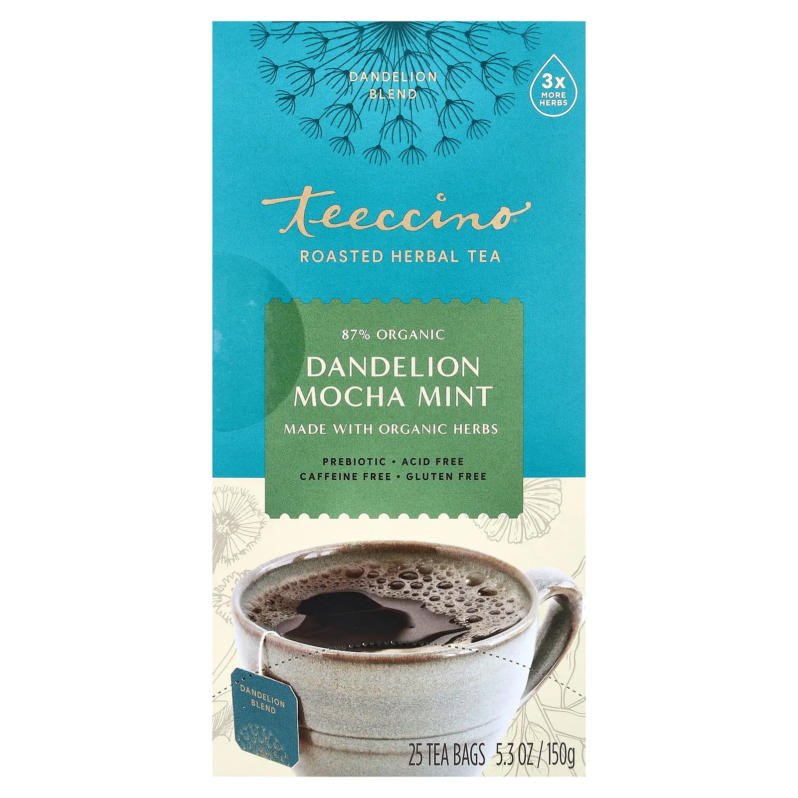 Teeccino Roasted Herbal Tea, Dandelion Mocha Mint, Caffeine Free, 25 Tea Bags, 5.3 oz (150 g)