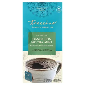 Teeccino Roasted Herbal Tea, Dandelion Mocha Mint, Caffeine Free, 25 Tea Bags, 5.3 oz (150 g)