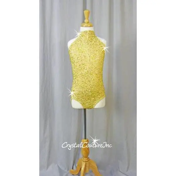 Yellow/Nude High-Neck Floral Lace Leotard with Mesh Back - Swarovski Rhinestones