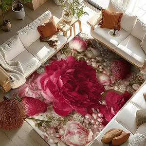 Luxurious Gold Diamond Velvet Floral Strawberry Rug, Modern Simple Style, Soft Comfortable, Durable Non-Slip, Home Decor Essential