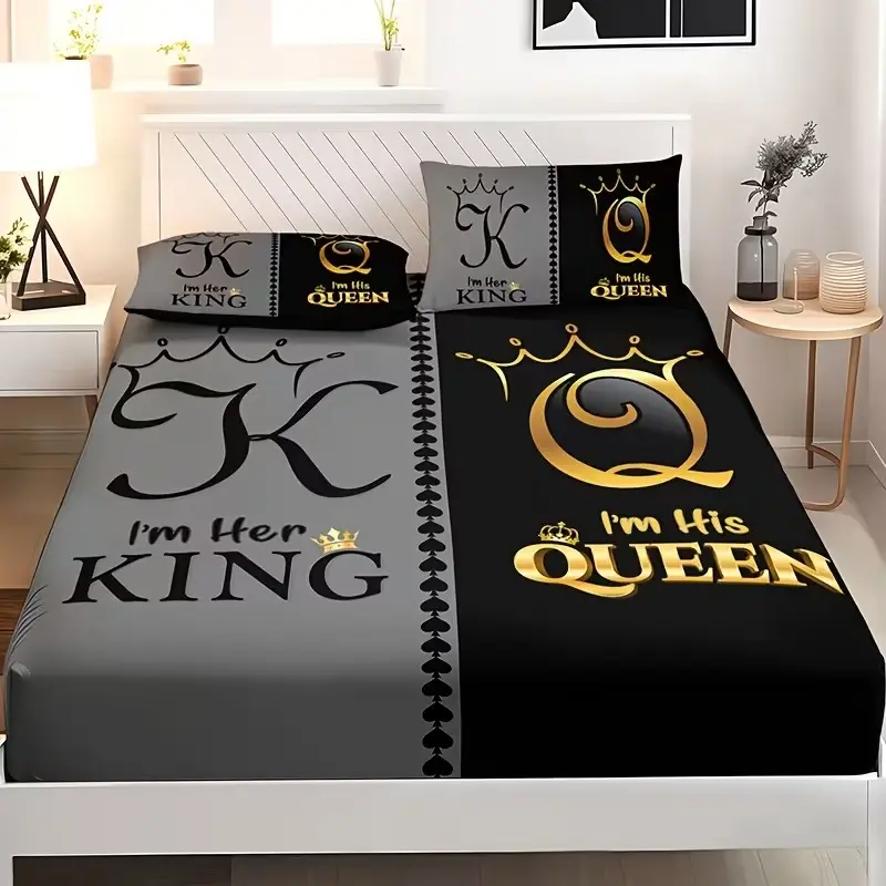 3pcs and Rose Love Heart Fitted Sheet Set, 1 Fitted Sheet + 2 Pillowcases, High-Definition Print, All-Season Comfort, Polyester, Decorative Bedsheet Sets, Bedding Accessories