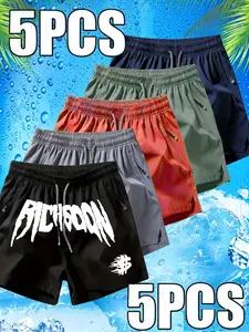 5 Pcs Men's Richsoon Letter Print Ice Silk Quick-Dry Shorts, Drawstring Zip Pocket Casual Shorts, Breathable Lightweight, Fitness Outdoor Home Daily Wear