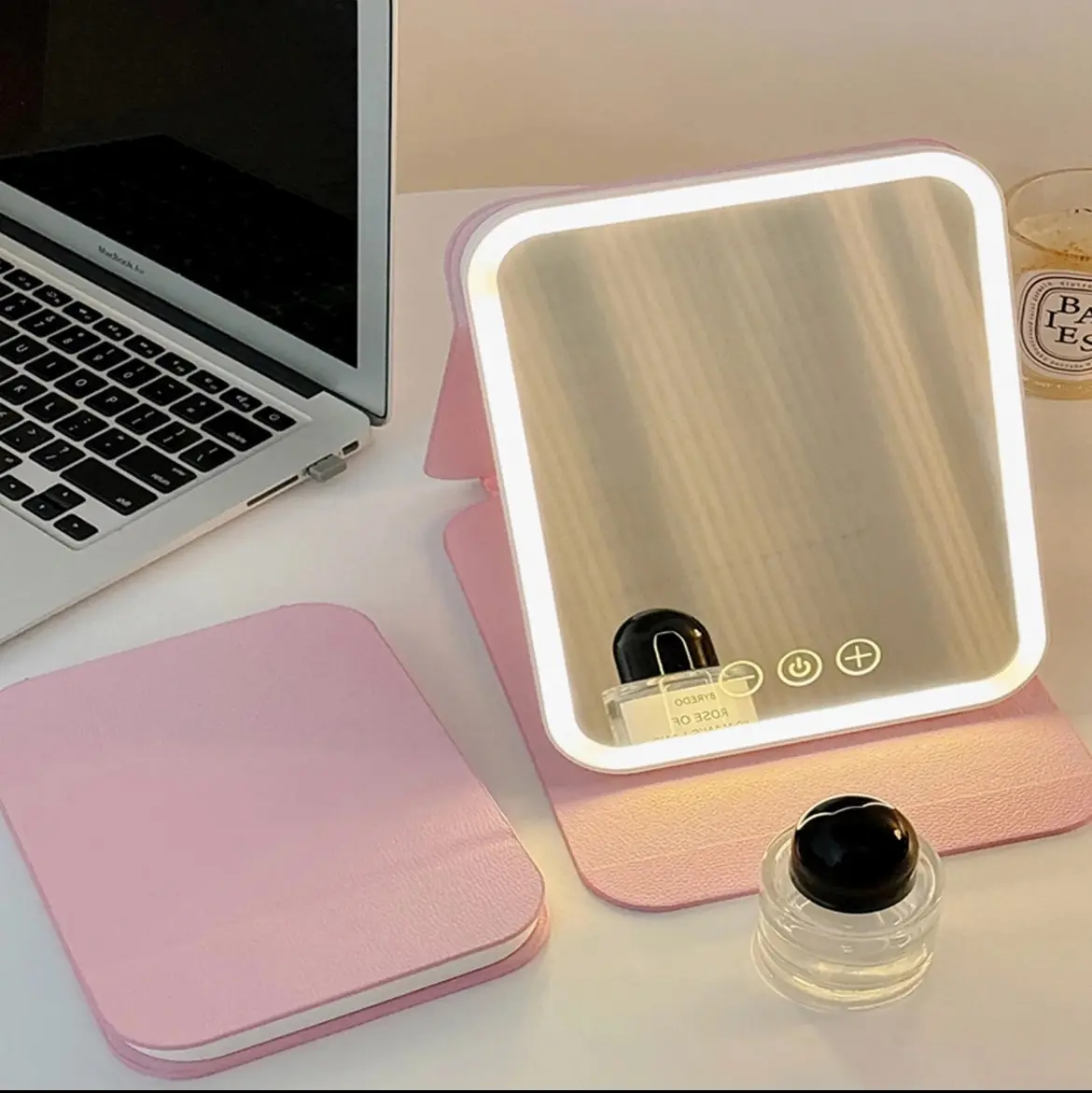 Led Cosmetic Mirror, Portable Vertical Folding Vanity Mirror, 3 Color Illumination Dimmable Touch Screen Desktop Cosmetic Mirror, Lighted Makeup Mirror, Travel Makeup Decor Mirror, Compact Mirror, Lightweight Rechargeable Lighted Mirror, Modern Mirror tik