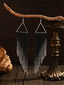 Bohemian style. Black metal triangle combined with black gradient fringes design. Handmade weaving. Suitable for daily wear. Low allergenic. Women's fashionable ear accessories. Versatile for gift-giving. Boho Style Jewelry