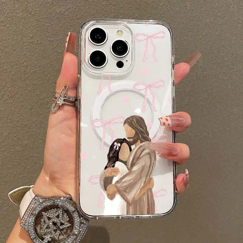 Motherhood Embrace Bow Phone Case, Clear Family Illustration Cover with Pink Ribbon Line Art for iPhone 17 16 15 14 13 12 11 X Plus Pro Max