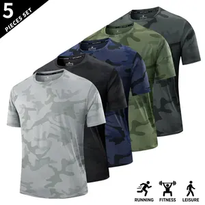 Men’s casual athletic T-shirt pack of 5 — breathable summer sports fitness tees with camouflage quick-dry fabric, suitable for training, gym workouts, running, outdoor activities, and casual wear; also great as a gift