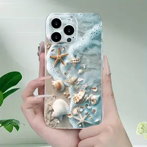 Transparent Shockproof Smartphone Casing, Beach Shell & Starfish Design Cellphone Case for iPhone 16,15,14,13,12,11,X,8,7 Series - Handheld Phone Accessories