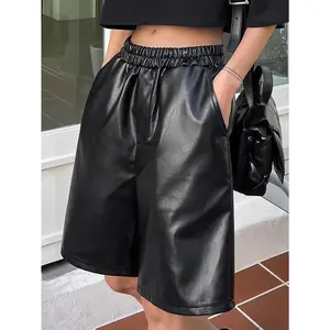 PU Leather Solid Color Shorts, Stylish Slant Pocket Shorts For Summer & Spring, Women's Clothing