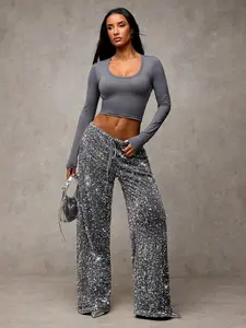 Women's Black Velvet Silver Sequin Drawstring Wide Leg Pants, Suitable For Daily Wear, Concert, Cocktail Party, Party, Nightlife, Carnival Party Glittering,Valentine's Day,Valentine Outfits For Women