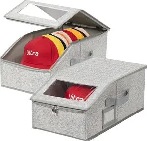 Hat for Baseball Caps - 2 Pack , Hold Up to 24 Hats, Stackable Hat Bin for Baseball Caps for Closet with Clear Window & Cardboard, Sturdy Snapback Hat Boxes for Home Men & - Grey