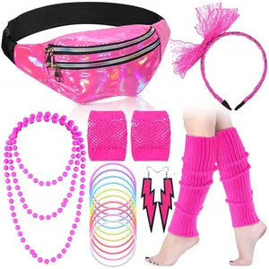 19 Pcs 80s Costume Accessories Holographic Fanny Pack Leg Warmers Lace Headband Earrings Gloves Necklace Bracelet (Rose Red) - Home Improvement.