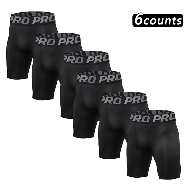 Men's 6-Pack Compression Shorts with" PRO " Print, Base Layer Shorts, Quick-Dry and Stretch Fabric, Suitable for Gym, Running and Basketball, Workout Shorts, Tight Fitted Shorts, Running Sports Shorts