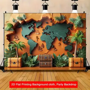 Adventure Awaits 2D Flat World Map Travel Backdrop Vibrant Orange Green Polyester Party Banner for Graduation Trips Retirement Celebrations Travel Agency Promotions & Travel Blog Content