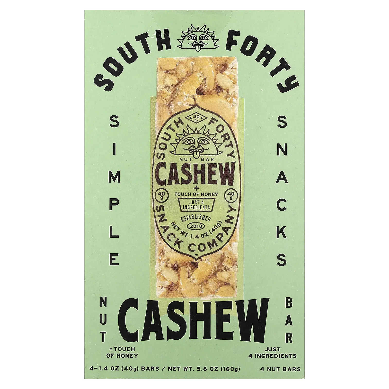 South Forty Snack Company Nut Bar, Cashew + Touch of Honey, 4 Bars, 1.4 oz (40 g) Each