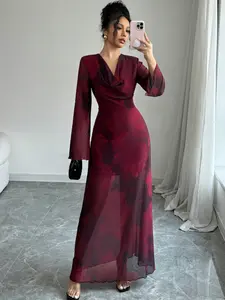 Boho Style Women's Maxi Long Dress, Long Sleeves, Floral Print, Slim-Fit Woven Fabric, Perfect for Beach Parties & Summer