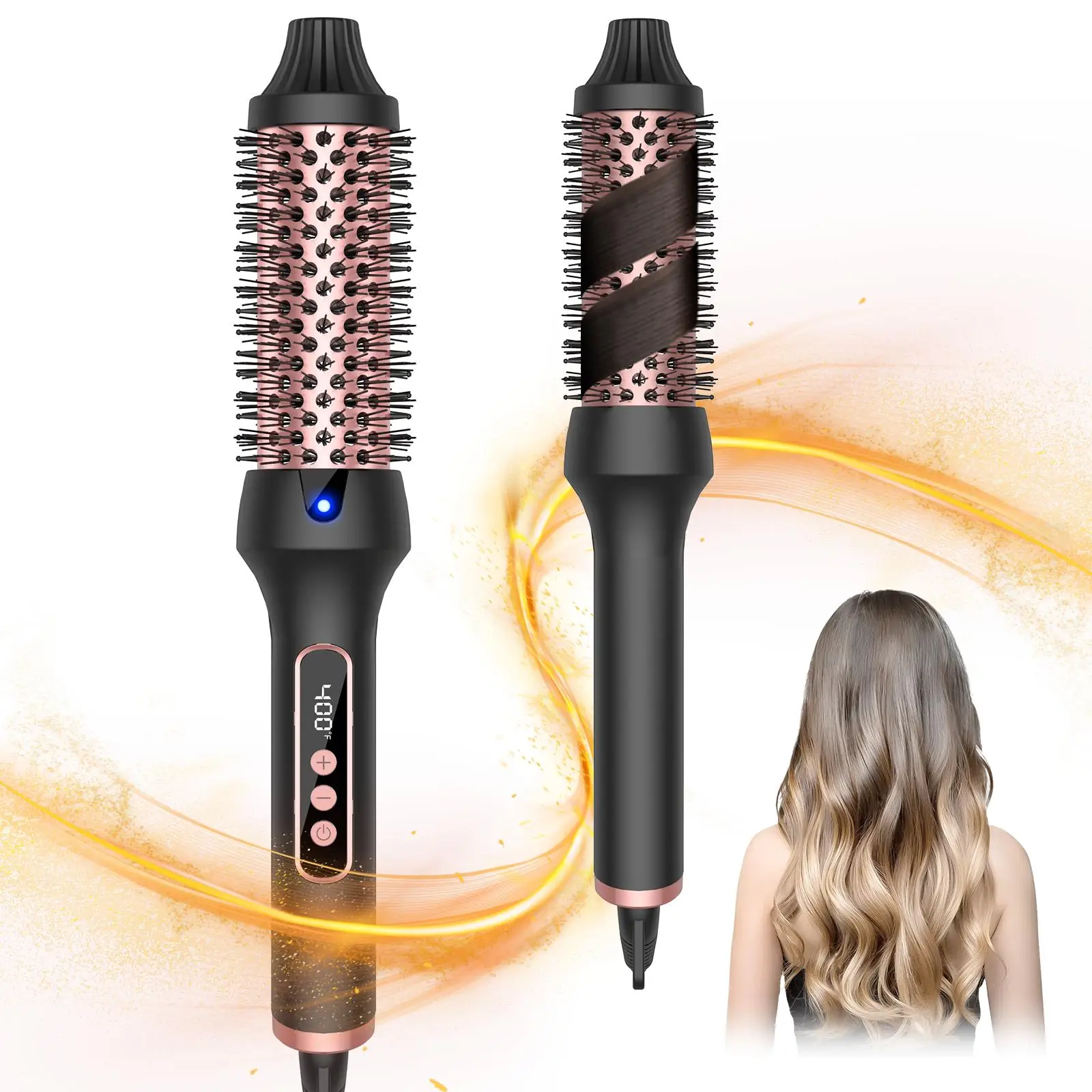 Dual Voltage Hair Curling Brush for Beach Waves, Heated Round Brush, Thermal Brush, Digital Display 9 Heat Settings Hair Curler, Hair Styling Tool for