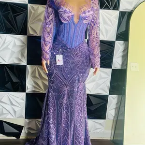 Elegant Purple Mermaid Dress with Long Sleeves and Intricate Embroidery for Special Occasions