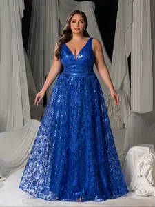 Plus Size V Neck Sleeveless Sequin Woven Fabric Dress, Elegant Formal Evening Gown for Special Occasions, Glamorous Party Wear for Women, Garment