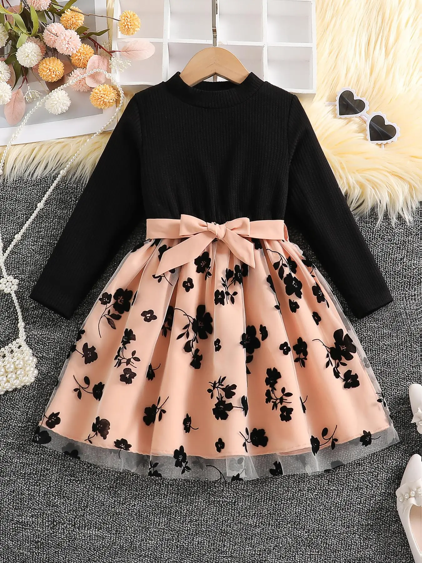 Girl's Patchwork Floral Pattern Belted A Line Dress, Elegant Long Sleeve Dress for Party Performance, Kids Spring & Fall Clothes