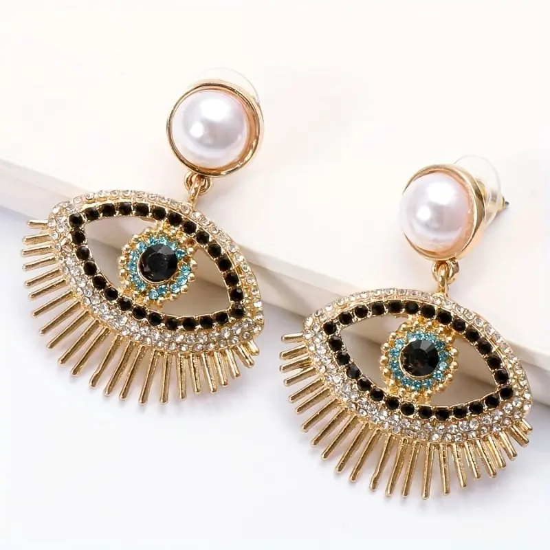 Women's Elegant Copper Evil Eye Retro Hollow Costume Earrings - Stud Embellished with Synthetic Zircon & Pearl, Fashion Jewelry for Parties, Decorative Party Festival Gift, Earrings For Decorative, Fashion Jewelry Party
