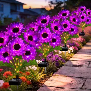 Solar Garden Lights Outdoor, 4 Pack Solar Purple Sunflower Lights with 18 Head 3.4 Inch Flowers, Waterproof Flowers Light Fall Decor Auto ON/Off for Garden Yard Patio Backyard, Gifts for Mom Women