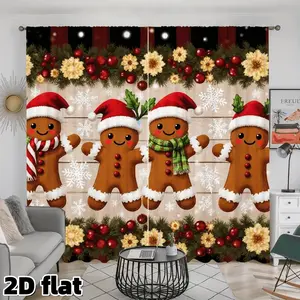 2D Flat 2Pcs Holiday Gingerbread Man Pattern Curtains, Festive Christmas Design with Snowflakes, Rod Pocket Style, Semi Sunshade Polyester, Perfect for Living Room Bedroom Kitchen Window Treatment, Home Decor, Anti Privacy