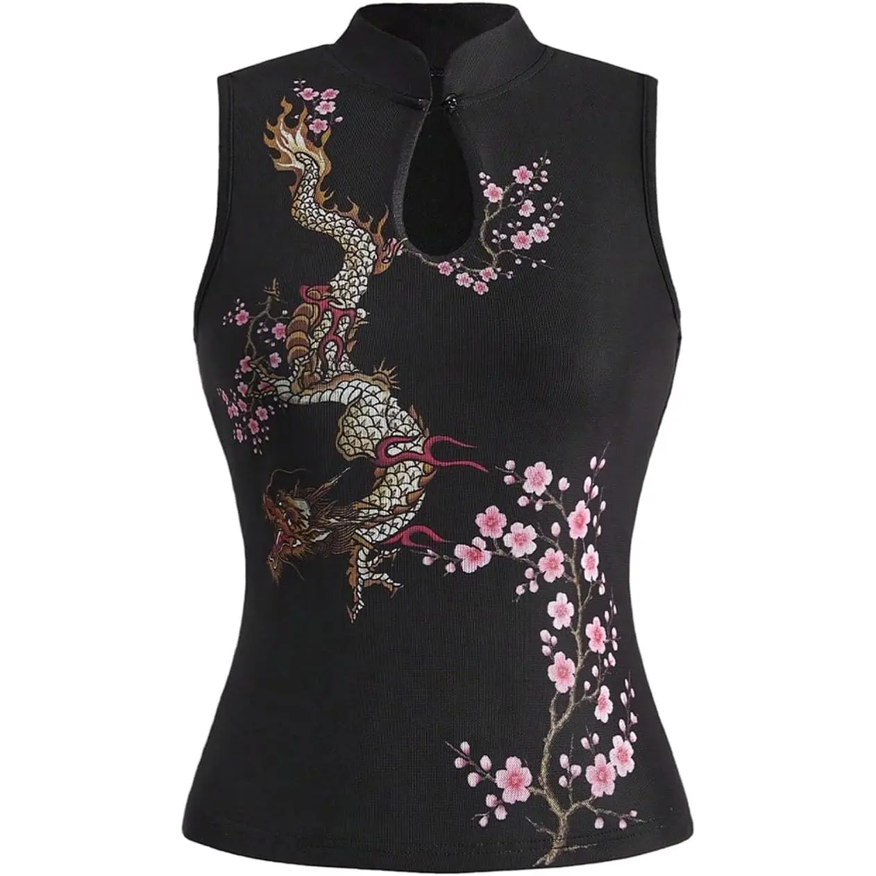 WDIRARA Women's Floral Dragon Print Cheongsam Top Mock Neck Cut Out Elegant Tank Tops