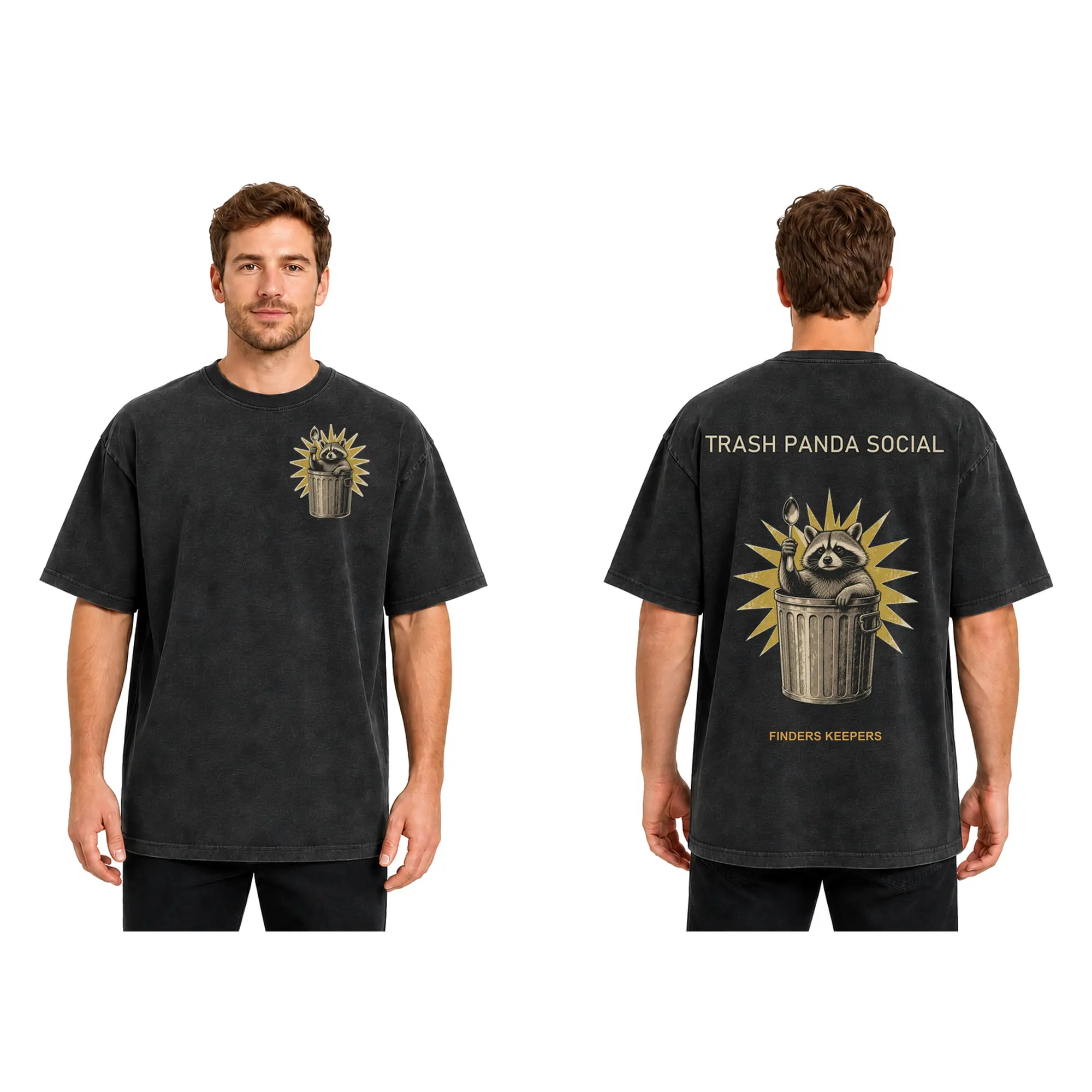 Men's Casual Cotton Classic Short-Sleeve Trash Panda Social Vintage Graphic Tee - Heavyweight Washed Oversized Apparel, Funny Raccoon Trash Can Streetwear Unisex