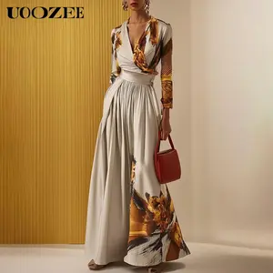 UOOZEE Women's Printed Jumpsuit V-neck Wide-Leg Jumpsuit, Long Sleeves High Waist Wide Leg Full Length Jumpsuit, Spring Autumn Elegant Satin Jumpsuit(One Size Up Recommended for C - Cup and Above)
